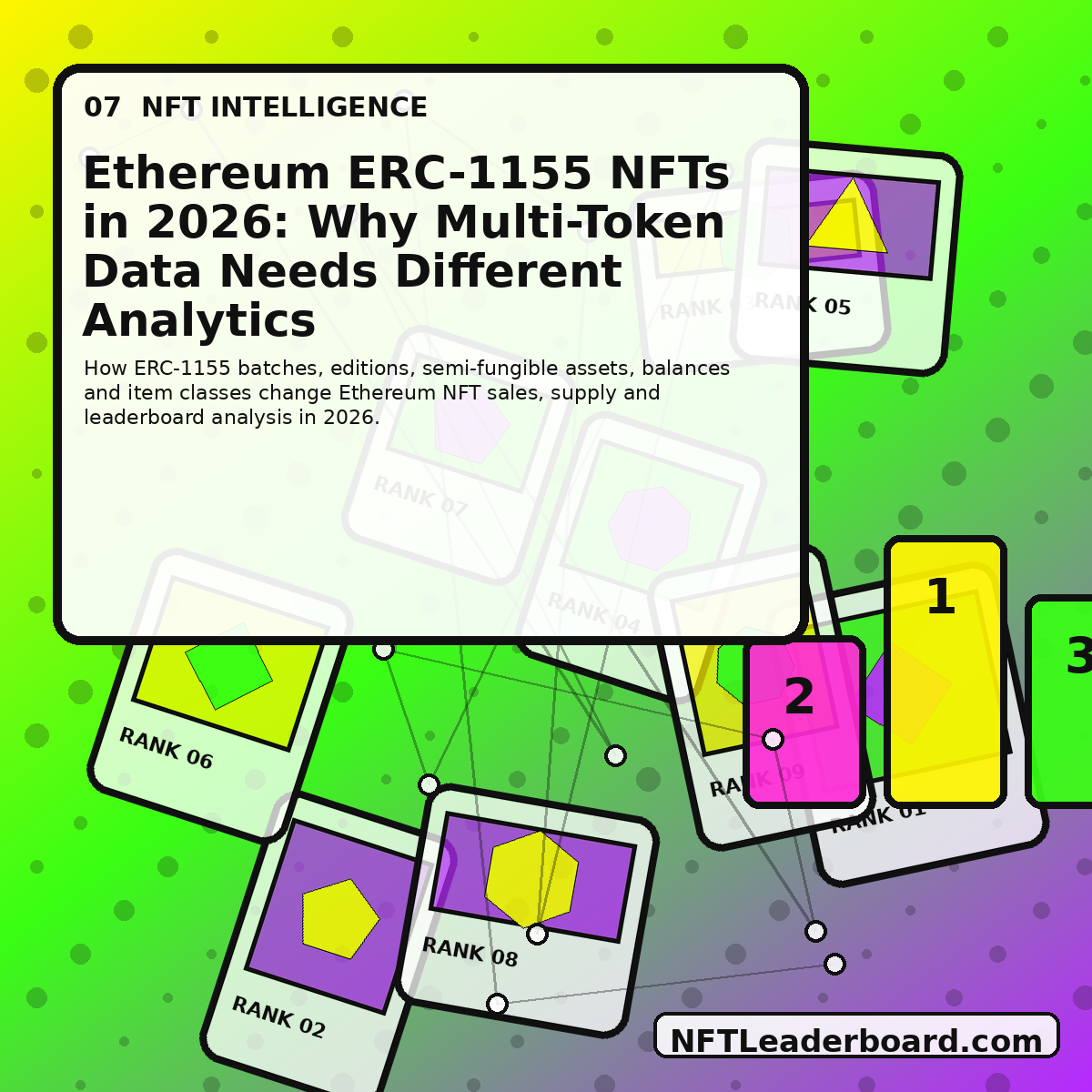 Original abstract NFT editorial artwork for Ethereum ERC-1155 NFTs in 2026: Why Multi-Token Data Needs Different Analytics, watermarked NFTLeaderboard.com