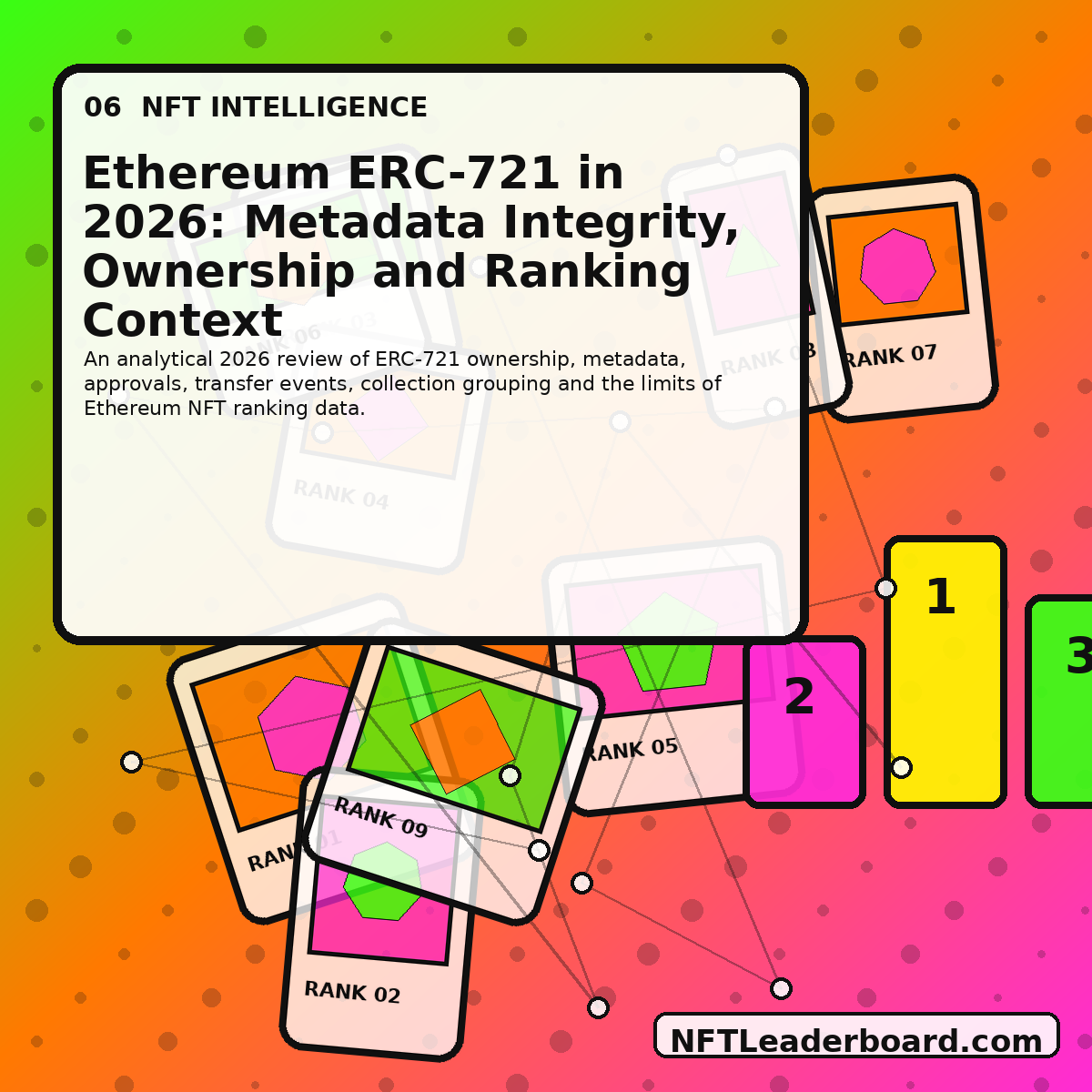 Original abstract NFT editorial artwork for Ethereum ERC-721 in 2026: Metadata Integrity, Ownership and Ranking Context, watermarked NFTLeaderboard.com