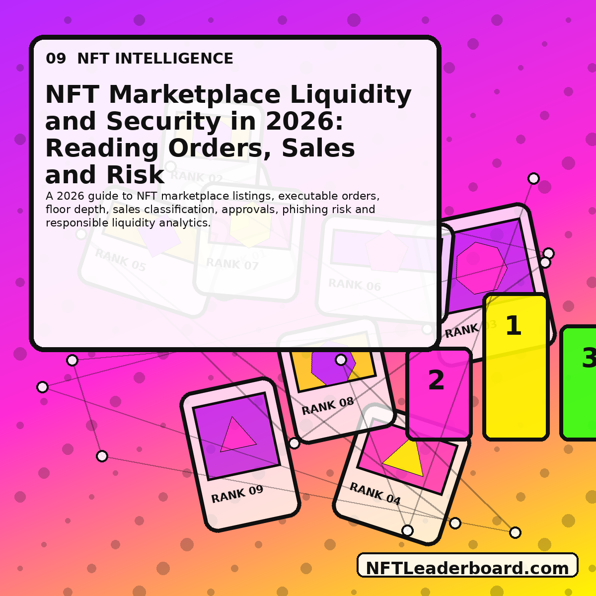 Original abstract NFT editorial artwork for NFT Marketplace Liquidity and Security in 2026: Reading Orders, Sales and Risk, watermarked NFTLeaderboard.com