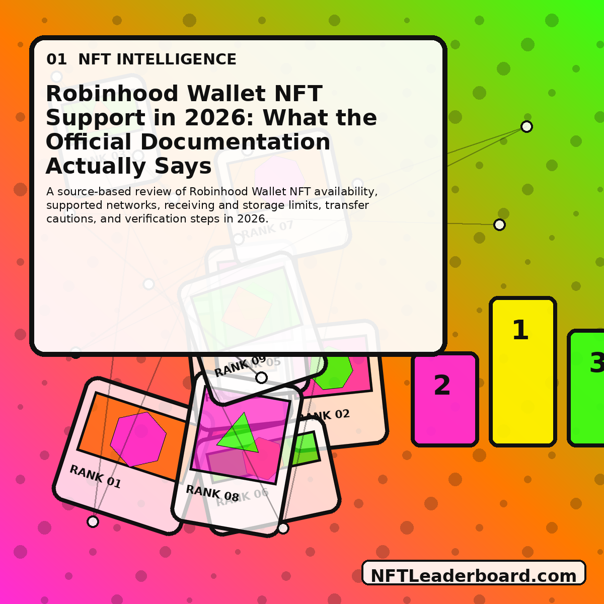 Original abstract NFT editorial artwork for Robinhood Wallet NFT Support in 2026: What the Official Documentation Actually Says, watermarked NFTLeaderboard.com