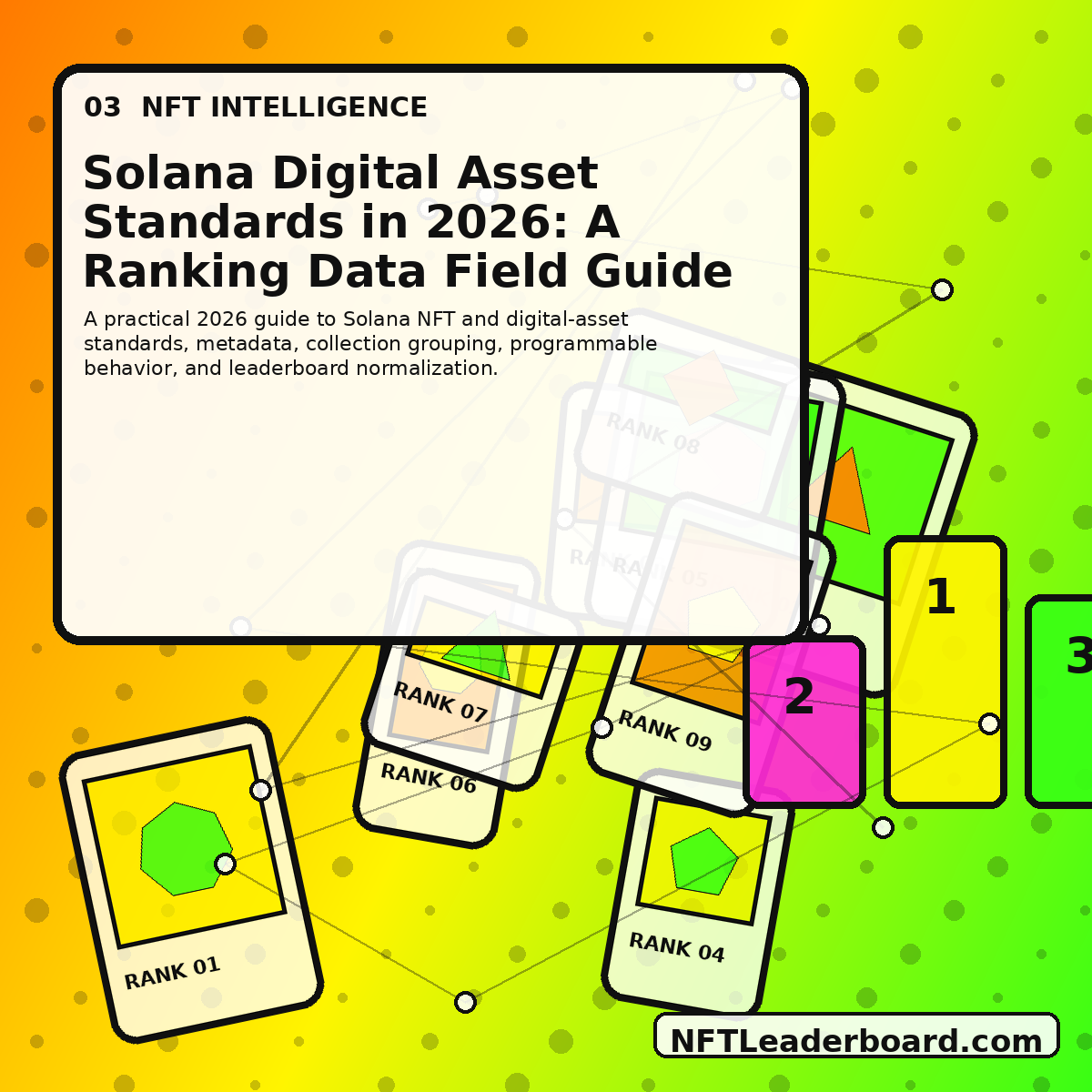Original abstract NFT editorial artwork for Solana Digital Asset Standards in 2026: A Ranking Data Field Guide, watermarked NFTLeaderboard.com